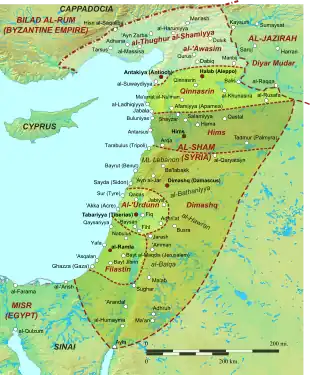 Geophysical map of the Levant (i.e. Near East or Greater Syria), with administrative districts, administrative capitals, and main settlements