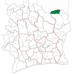 Location in Ivory Coast. Téhini Department has retained the same boundaries since its creation in 2011.