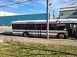 White, blue and red bus behind a telephone pole