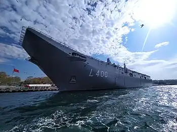 TCG Anadolu (L-400) of the Turkish Naval Forces anchored at the Seraglio Point in Istanbul.