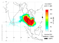 Image 25TOMS sulfur dioxide from the June 15, 1991 eruption of Mount Pinatubo. (from Timeline of volcanism on Earth)