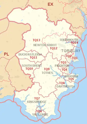 TQ postcode area map, showing postcode districts, post towns and neighbouring postcode areas.