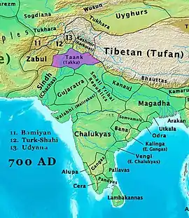 Taank Kingdom shown in violet in the north of the Indian subcontinent circa 700 AD.