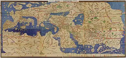 Modern copy of al-Idrisi's 1154 Tabula Rogeriana, upside-down, north at top