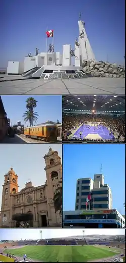 Top: Monument at Battle of Tacna in Intiorko Hills, 2nd left: Ferroviaria Railroad Station, 2nd right: Cerrado Peru Arena (Coliseo Cerrado Peru), 3rd left: Tacna Cathedral, 3rd right: Tacna Municipal Hall, Bottom: Jorge Basadre Stadium (Estadio Jorge Basadre)