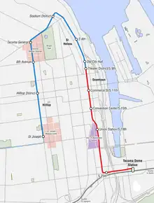 A map of Downtown Tacoma showing the L-shaped route of the current streetcar and the upside-down J-shaped route of the streetcar extension.