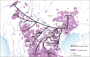 Image 1Map showing linguistic family tree overlaid on a geographic distribution map of Tai-Kadai family. This map only shows general pattern of the migration of Tai-speaking tribes, not specific routes, which would have snaked along the rivers and over the lower passes. (from History of Laos)