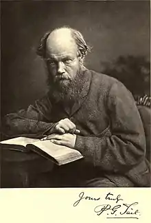 Black and white photograph of the Scottish physicist Peter Tait, seated with a book in his hands