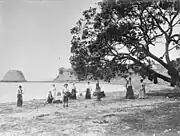 Looking east along Biddicks Bay towards Takaparawha showing Bastion Rock, since demolished, 1901.