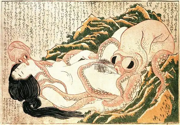 Image 9The Dream of the Fisherman's Wife, an erotic woodcut made circa 1820 by Hokusai.