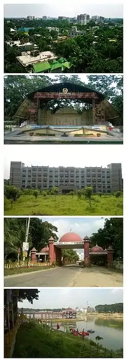 From top to bottom: 1. The city skyline from "Suparibagan"; 2. The Open Stage of Tangail Poura Uddan; 3. Tangail District Court Building; 4. The city gate, Shamsul Huq Toron"; 5. DC Lake at District Headquarters