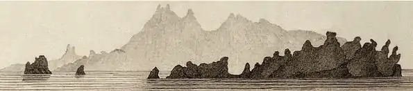 North view of Tangra Mountains depicting (left to right) Great Needle Peak, Levski Peak, Lyaskovets Peak, Mount Friesland, St. Boris Peak and Simeon Peak, with Desolation Island in the foreground; fragment of an illustration to George Powell's 1822 chart of the South Shetland Islands