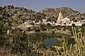 Nearby pond and the temple in background