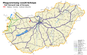 Route map of railways in Hungary showing the Környe–Oroszlány railway line