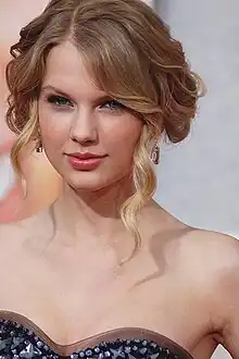 Portrait of Taylor Swift seen in a strapless dress