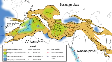 Image 8Tectonic map of southern Europe and the Middle East, showing tectonic structures of the western Alpide mountain belt (from Alpine orogeny)