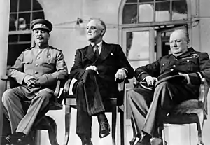 Image 49From left to right, the Soviet General Secretary Joseph Stalin, US President Franklin D. Roosevelt and British Prime Minister Winston Churchill confer in Tehran, 1943 (from Soviet Union)