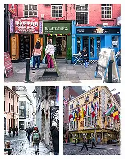 Clockwise from top: Shops along Crown Alley, the OIiver St. John Gogarty bar, pedestrians on Fownes Street