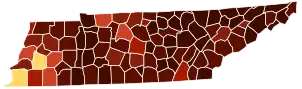 Image 7Map of counties in Tennessee by racial plurality, per the 2020 U.S. census
Legend

 

Non-Hispanic White  50–60%  60–70%  70–80%  80–90%  90%+
Black or African American  50–60% 

 (from Tennessee)