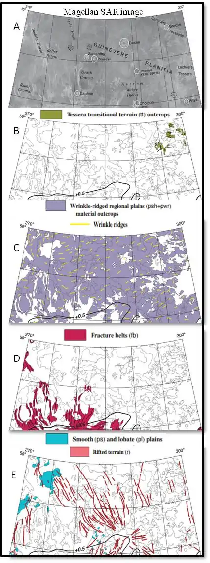 The terrain of Guinevere Planitia is, although seemingly flat, full of extensional tectonic structures.