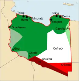 Image 43Territorial growth of Italian Libya: Territory ceded by Ottoman Empire 1912 (dark-green) but effectively Italy controlled only five ports (black), territories ceded by France and Britain 1919 and 1926 (light-green), territories ceded by France and Britain 1934/35 (red) (from History of Libya)