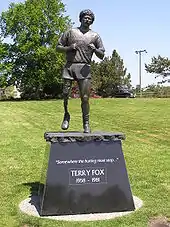 Leo Mol's statue of Terry Fox in Beacon Hill Park, Victoria, British Columbia engraved with "Somewhere the hurting must stop..."