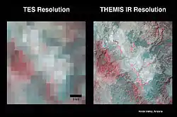 Two false-color maps of the same area of Mars. The left one is very pixelated, while fine details are visible in the right one.