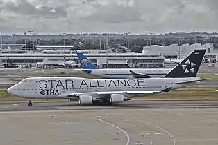 A Thai Airways International Boeing 747-400 in Star Alliance livery.