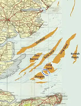 The main sandbanks of the Thames estuary, about 1953. The dashed lines between Long Sand and Shingles indicate the Edinburgh Channels