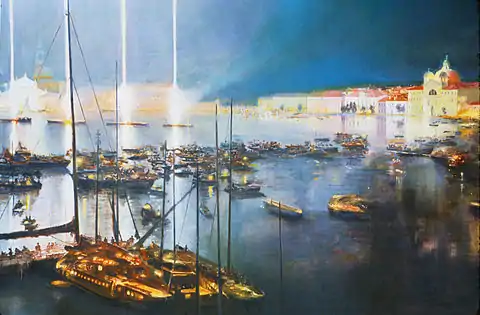 Fireworks: The Night of the Redentore, oil painting, 79"x110", by Sergio Rossetti Morosini, 1995