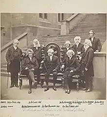 The Moderator and Ex Moderators of the Free Church of Scotland, Assembly; 1860.  Pictured, from left to right, are (standing) Dr Smyth, Dr Clason, Dr Henderson, Dr Grierson, Dr N. Paterson and Dr Beith (behind); (seated) Dr Cunningham, Dr Buchanan and Dr Julius Wood.