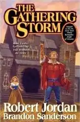 The front cover showing Rand al'Thor with Min Farshaw in the background, in front of a building with a burnt-out hole in the center. The title is justified middle and top in stylized letters. Authors names are middle and bottom, with Jordan's in larger letters above Sanderson's.