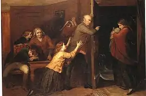 The Outcast by Richard Redgrave (1851). A patriarch forces his daughter and her illegitimate baby out of the family's home. Victorian women had few legal rights to protect them, including child support or secure employment.