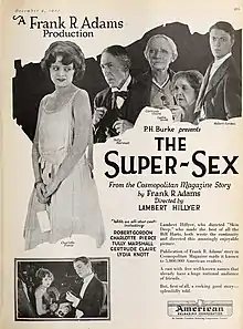 Advertisement for The Super-Sex (1922), starring Charlotte Pierce, a Frank R. Adams Production. A young woman is shown looking over her shoulder at two older men and two older women.