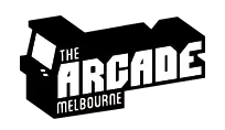 In an angled, the words "The Arcade" are uppercase and in a cartoon format, with the word Melbourne at the bottom left corner of the logo. In the depth shadow of the logo, the shadow forms an arcade booth.