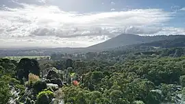 A photo of a mountain range with three radio towers atop them, trees coat the below valley in green.