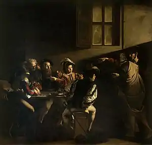 The Calling of St Matthew; by Caravaggio; c.1602–1604; oil on canvas; 3 x 2 m; San Luigi dei Francesi, Rome