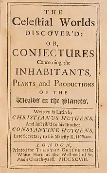 Page reading "The Celestial Worlds Discovered: Or, Conjectures Concerning the Inhabitants, Plants and Productions of the Worlds in the Planets"