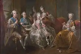 Maria Teresa's family; The Duke of Penthièvre; Prince of Lamballe; Princess of Lamballe; Mademoiselle de Penthièvre next to the Countess of Toulouse