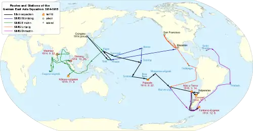 A map of the Pacific and Atlantic Oceans, showing the route of the ships; Dresden steamed from the Caribbean around South America to the Pacific.