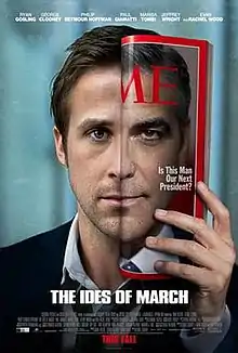 A portrait of a man with the other half of his face obscured of a TIME Magazine issue with it's cover showing the left side of his face. The text in the magazine cover reads "Is This Man Our Next President?" with the film's title and credits placed below.