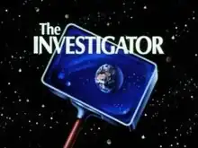 The image shows the Earth in space, a star field behind it, viewed through a rectangular magnifying glass. Superimposed on the magnifying glass are the words "The INVESTIGATOR".