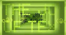 The words "THE JOY OF TEXT" written in a dot matrix format on a lime green background.