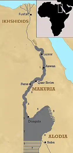 The kingdom of Makuria at its maximum territorial extent around 960, after a raid that reached as far north as Akhmim