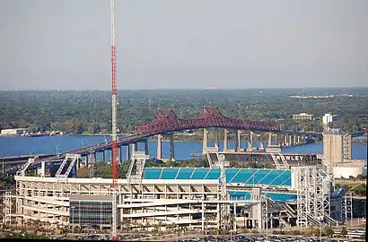 TIAA Bank Field with the Mathews Bridge in the foreground.