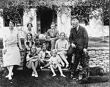 The Mitford family in 1928; Front row, from left to right, the mother Sydney Bowles, the daughters Unity, Jessica and Deborah, the father David Freeman-Mitford, 2nd baron Redesdale; second row, Diana and Pamela; back row, Nancy and Tom.