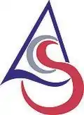 A purple triangle (denoting the letter A), inside which C is drawn in green, and S is drawn in red, where S looks like a Swan and extends beyond the lower line of the (purple) triangle