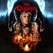 Cover art for The Quarry: a montage of the game's main and supporting characters, with a shadowy figure looming above them all.