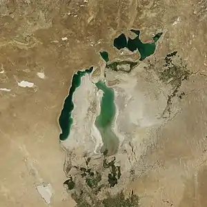 August 2010 – Part of the Eastern Sea has been re-flooded by the Amu Darya from heavy snowmelt.