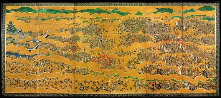 Image 13Siege of OsakaPainting credit: unknownThe siege of Osaka was a series of battles undertaken by the Japanese Tokugawa shogunate against the Toyotomi clan, and ending in the clan's dissolution. Divided into two stages (the winter campaign and the summer campaign), and lasting from 1614 to 1615, the siege put an end to the last major armed opposition to the shogunate's establishment. This eight-metre-long (26 ft) painting, titled The Summer Battle of Osaka Castle and executed on a Japanese folding screen, illustrates Osaka Castle under siege, and was commissioned by the daimyo Kuroda Nagamasa, who took a team of painters with him to the battlefield to record the event. The painting depicts 5071 people and 21 generals, and is held in the collection of Osaka Castle.More selected pictures